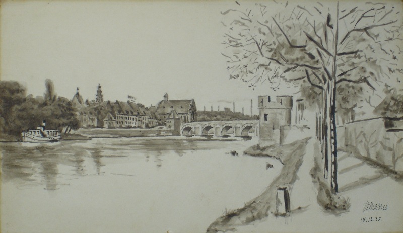 W. Marres, Maas te Maastricht met stoombootje, 11 december 1935